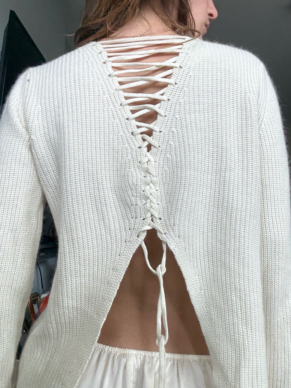 Olivaceous Lace-Back Cream Scoop Neck Sweater